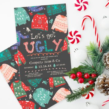 funny tacky ugly sweater gray corporate christmas invitation