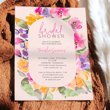 garden pink floral watercolor script bridal shower invitation