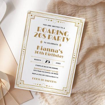 gatsby roaring 20s art deco birthday white gold invitation