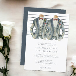 Small Gay Wedding Two Grooms In Suits And Bow Ties Invitation Front View