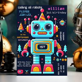 Small Gear Boy Cute Toy Funny Robot First 1st Birthday Invitation Front View