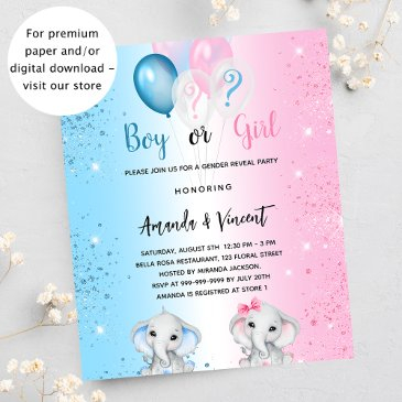 gender reveal blue pink elephant budget invitation flyer