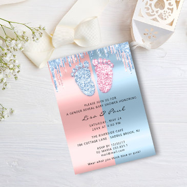 gender reveal glitter dripspink blue baby boy girl invitation