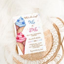 Small Gender Reveal He Or She Ice Cream Invitation Front View