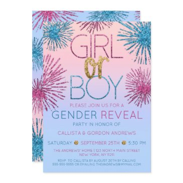 gender reveal pink blue glitter starburst ombre invitation