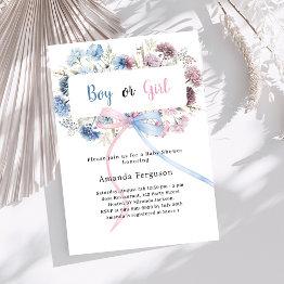 Small Gener Reveal Party Blue Pink Florals Bow Boy Girl Invitation Front View