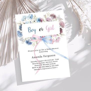 gener reveal party blue pink florals bow boy girl invitation