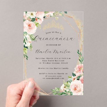 geo pink floral clear acrylic floral quinceanera acrylic invitations