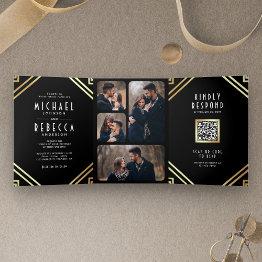 Small Geometric Art Deco Black Gold Qr Code Wedding Tri-fold Invitation Front View