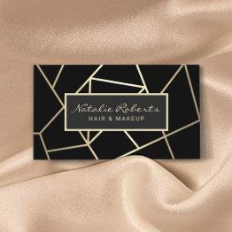 Small Geometric Black & Gold Hair Stylist Beauty Salon Business Invitations Front View