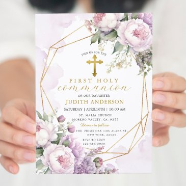 geometric blush pink roses first holy communion invitation