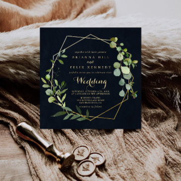 geometric gold blue green front & back wedding invitation