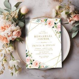 Small Geometric Gold Pink Blush Floral Rehearsal Dinner Invitation Front View