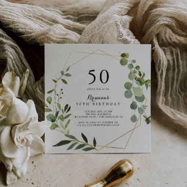 geometric gold tropical green 50th birthday party invitation