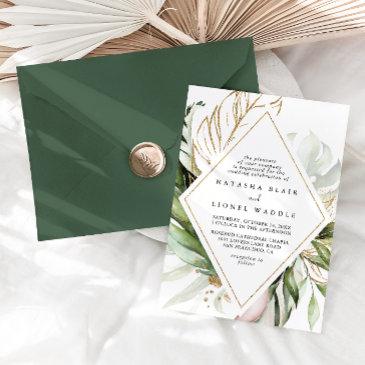 geometric gold tropical greenery diamond wedding invitation