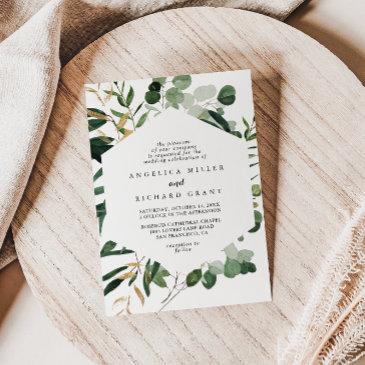geometric tropical gold foliage diamond wedding invitation