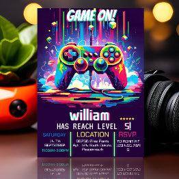 Small Get Boys Cool Kids Gaming Level Up 5th Birthday Invitation Front View