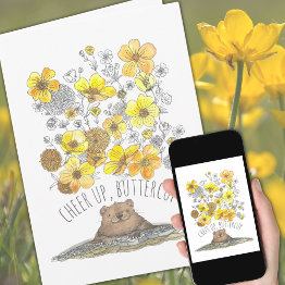 Small Get Well Groundhog And Flowers Watercolor Invitations Front View