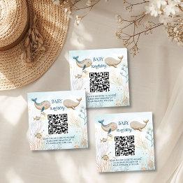 Small Gift Registry Qr Code Blue Beige Whale Baby Shower Enclosure Invitations Front View