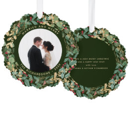 Small Gilded Greenery Green | Married And Merry Photo Ornament Invitations Front View