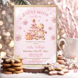Small Gingerbread Man Girl Pink Christmas Baby Shower Invitation Front View