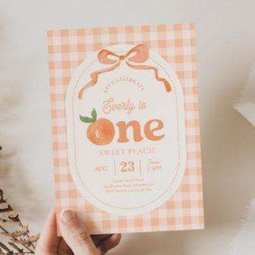 gingham peach first birthday invitation