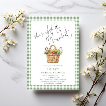 gingham she’s off the market script bridal shower invitation