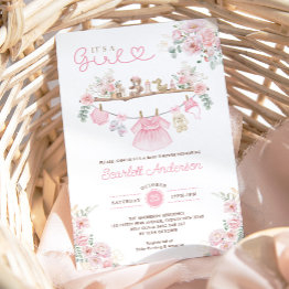 Small Girl Baby Clothes Pink Floral Laundry Baby Shower Invitation Front View