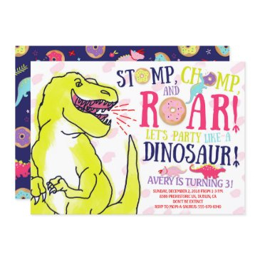 girl dinosaurs and donuts birthday invitation