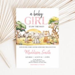 Small Girl Floral Jungle Safari Animals Baby Shower Invitation Front View