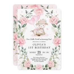 Small Girl Lamb Baby Sheep Blush Floral 1st Birthday Invitation Front View