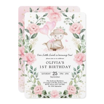 girl lamb baby sheep blush floral 1st birthday invitation