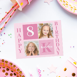 Small Girl Photo Cute Pink Happy Birthday Monogram Postinvitations Front View