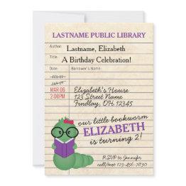 Small Girl Pink/purple Bookworm Birthday Party Invitation Front View
