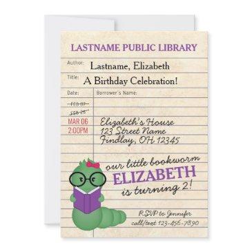 girl pink/purple bookworm birthday party invitation