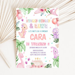 Small Girl Pink Safari Dinosaur Birthday Party Invitation Front View