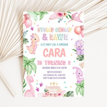 girl pink safari dinosaur birthday party invitation