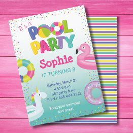 Small Girl Pool Party, Flamingo Float Invitation Front View