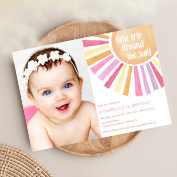 girl sunshine first trip around sun birthday party invitation