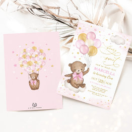 Small Girl Teddy Bear Pink Gold Balloons 1st Birthday Invitation Front View