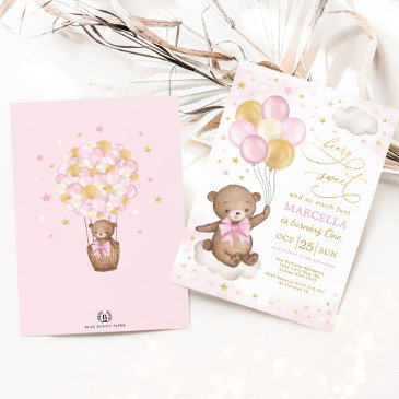 girl teddy bear pink gold balloons 1st birthday invitation