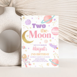 Small Girl Two The Moon Birthday Party Invitation Front View