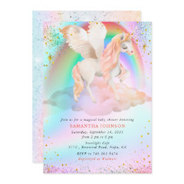 Small Girl Unicorn With Wings Whimsical Baby Shower Invitation Front View
