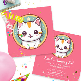 Small Girl Who Loves Kittens Birthday Party Invitation Front View