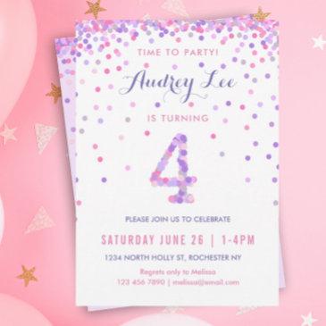 girls 4th birthday fourth birthday confetti party invitation