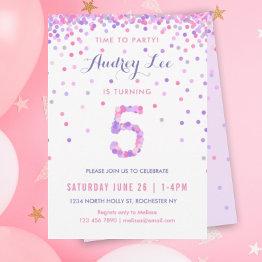 Small Girls 5th Birthday Fifth Birthday Confetti Party Invitation Front View