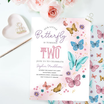 girls cute pink purple butterfly kids 2nd birthday invitation