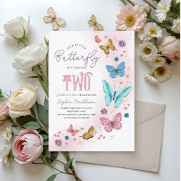 Small Girls Cute Pink Purple Butterfly Kids 2nd Birthday Invitation Front View