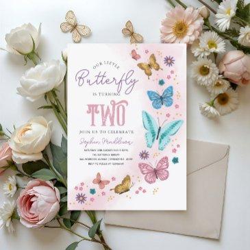 girls cute pink purple butterfly kids 2nd birthday invitation