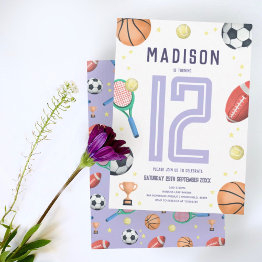 Small Girls Cute Purple Sports Cartoon Kids Birthday Invitation Front View